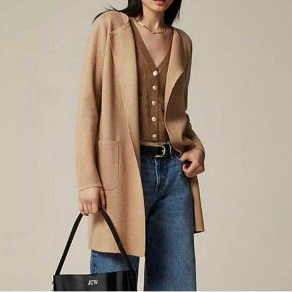 J.Crew Juliette Merino Wool Blend Collarless Sweater-Blazer In Camel Size Large - Picture 1 of 9